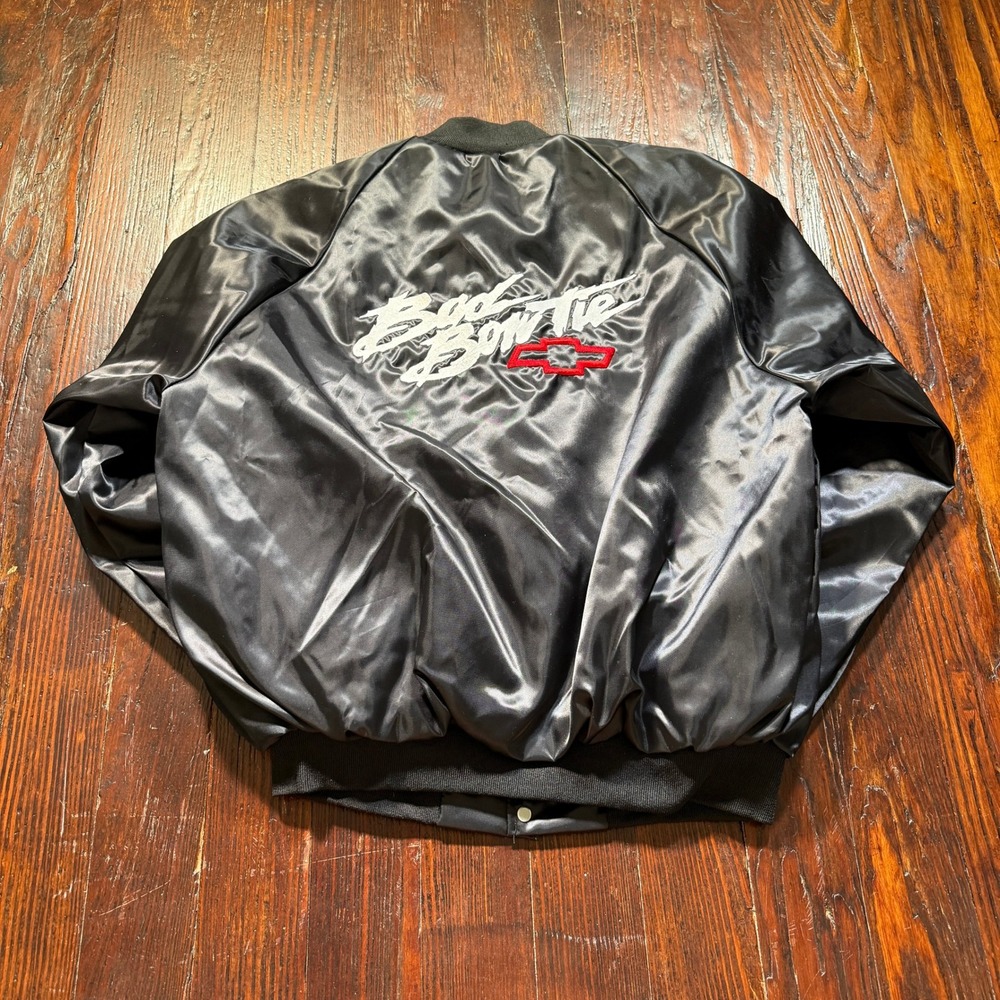Vintage Chevrolet Satin Bomber Jacket Mens M Black Bad Bowtie USA Made WestArk